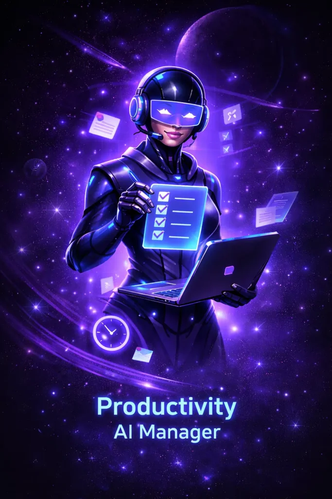 Futuristic productivity AI manager character using holographic task lists and digital tools in a purple space-themed environment