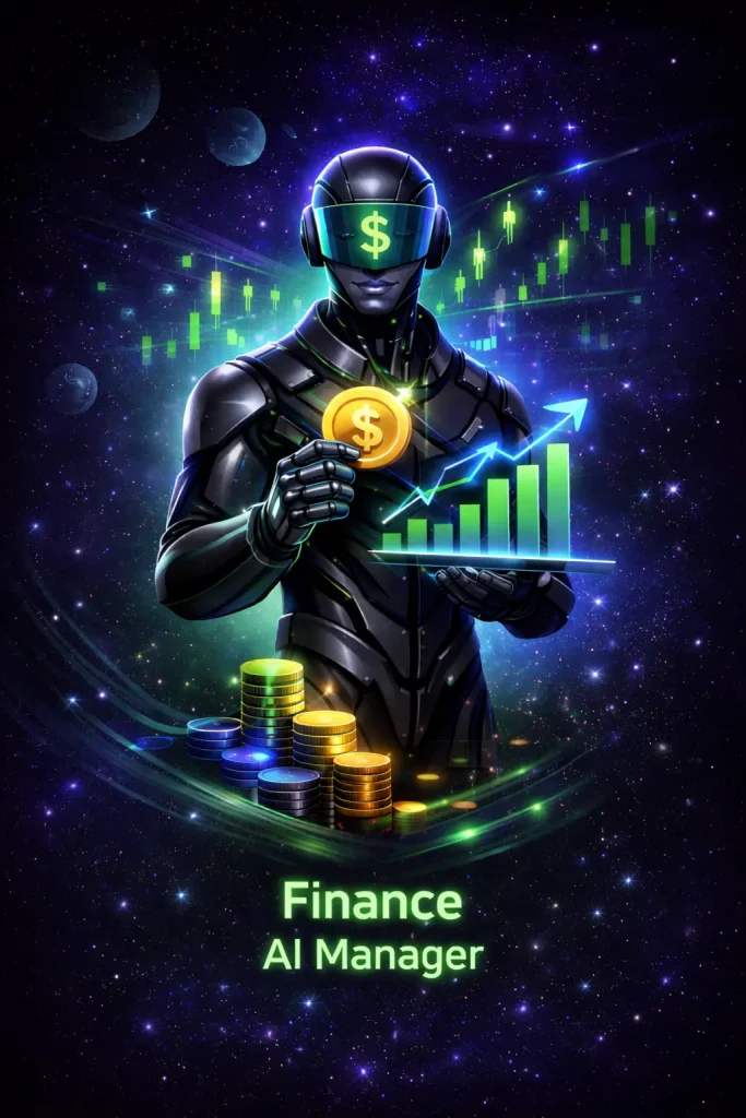 Futuristic finance AI manager character analysing growth charts and digital currency in a dark space-themed setting
