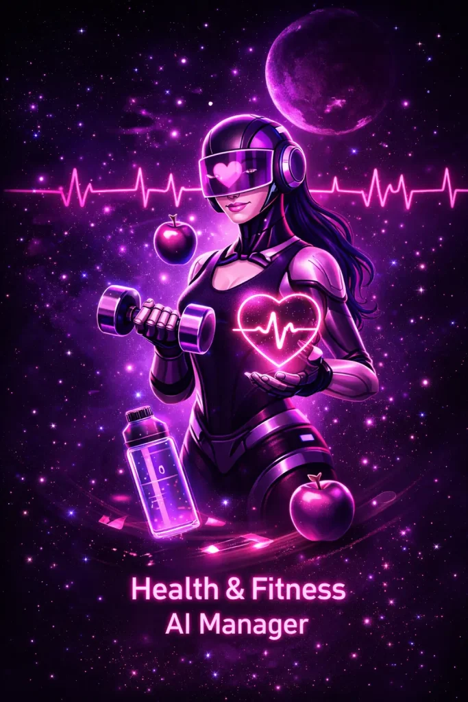 Futuristic health and fitness AI manager character with heart rate visuals and fitness symbols in a purple cosmic environment